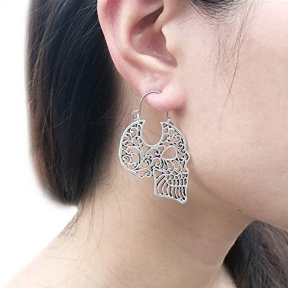 Silver Skull Filigree Outline Earrings Goth Line Art Lace Dangle Skulls Biker - Picture 6 of 10